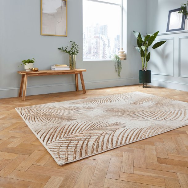 Luxurious Beige & Bronze Palm Leaf Design Rug – Textured Modern Look – Multiple Sizes