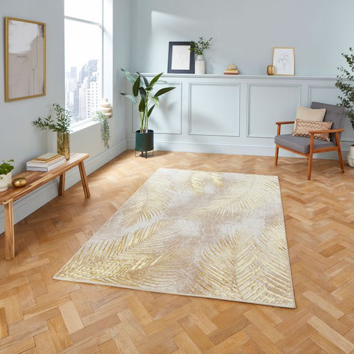 Elegant Beige & Gold Palm Leaf Design Area Rug – Luxurious Modern Look – Multiple Sizes