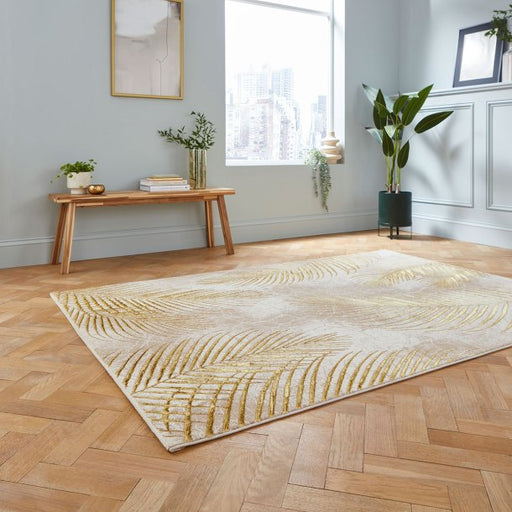 Elegant Beige & Gold Palm Leaf Design Area Rug – Luxurious Modern Look – Multiple Sizes