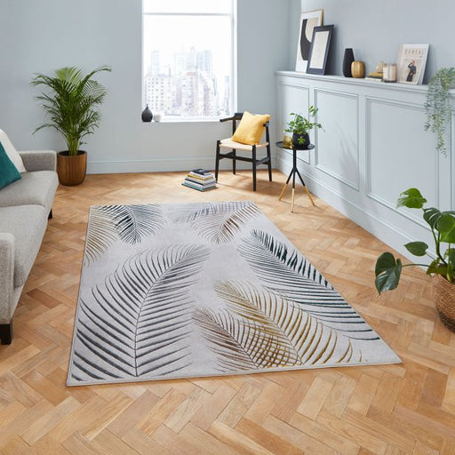 Elegant Grey & Multi Leaf Design Rug – Modern Tropical Look – Multiple Sizes