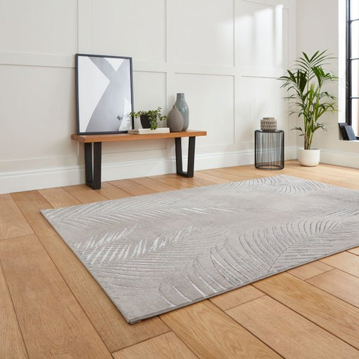 Elegant Grey & Silver Leaf Pattern Rug – Luxurious Finish – Multiple Sizes