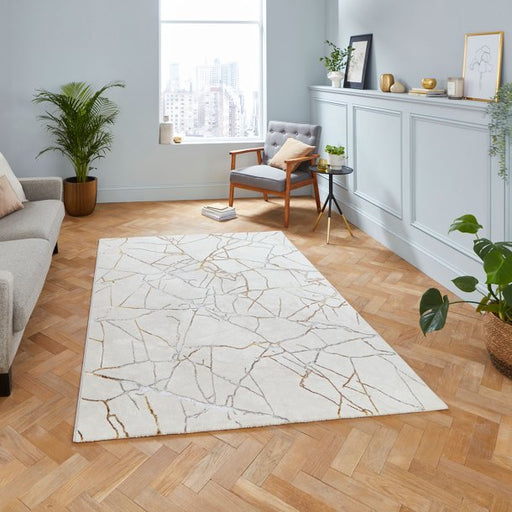 Elegant Ivory & Gold Abstract Cracked Design Rug – Luxurious Finish – Multiple Sizes