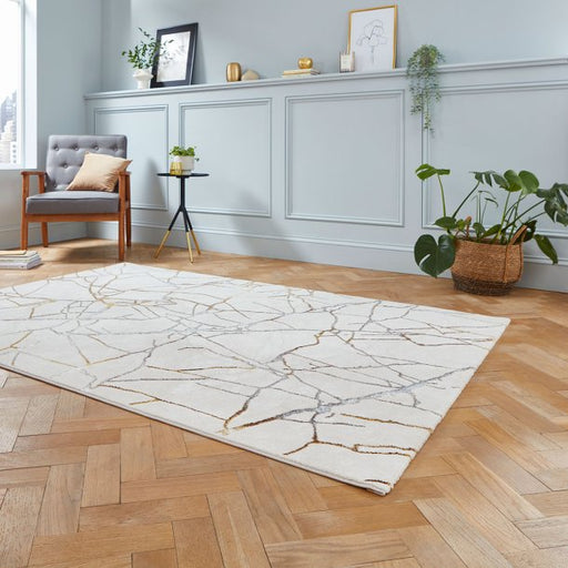 Elegant Ivory & Gold Abstract Cracked Design Rug – Luxurious Finish – Multiple Sizes