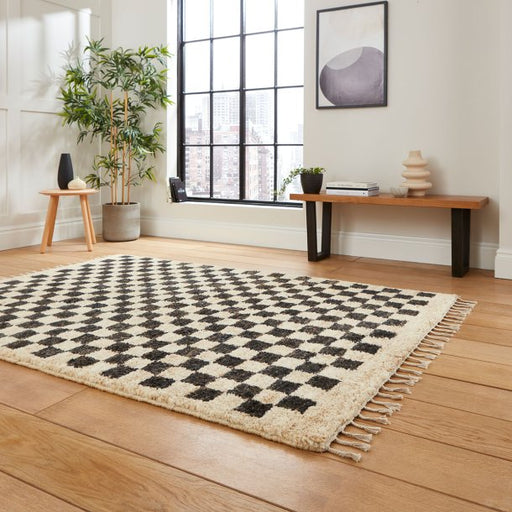 Vintage Checkered Multicolor Area Rug with Fringe – Contemporary Style – Multiple Sizes