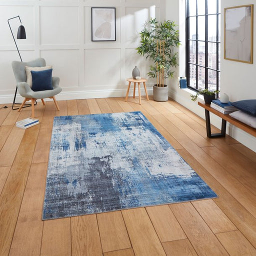 Modern Grey & Blue Abstract Distressed Rug – Stylish Polypropylene Blend – Multiple Sizes