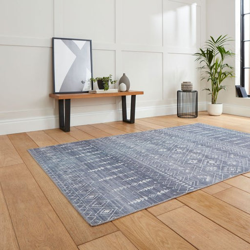 Elegant Blue & Grey Geometric Pattern Area Rug – Bohemian Inspired Design – Multiple Sizes