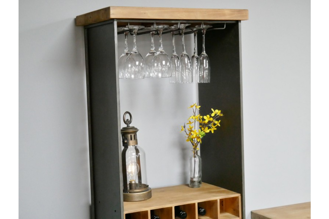 Industrial Wine Cabinet, Wooden Shelves, Metal Frame, Wheels