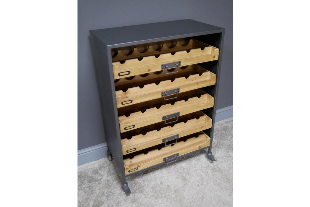 Industrial Wine Cabinet, Wooden Shelve, Grey Metal Frame