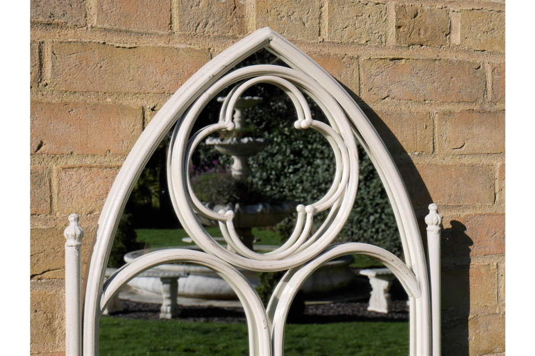 Indoor / Outdoor Aged White Metal Gothic Garden Mirror - 103 x 54 cm - Decor Interiors