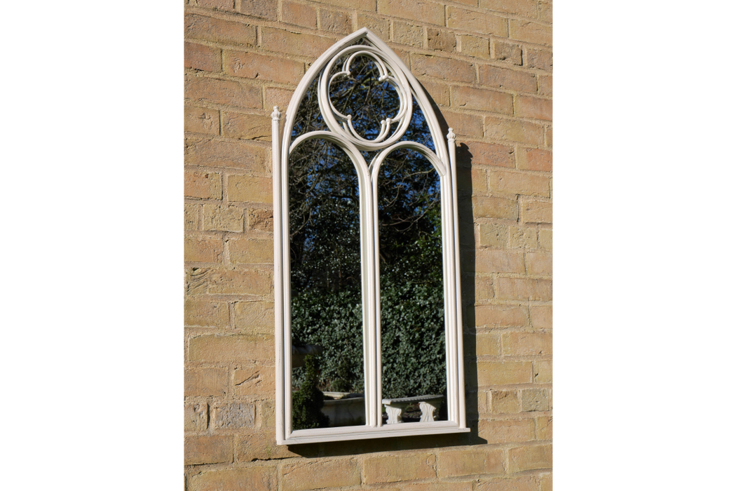 Indoor / Outdoor Aged White Metal Gothic Garden Mirror - 103 x 54 cm - Decor Interiors