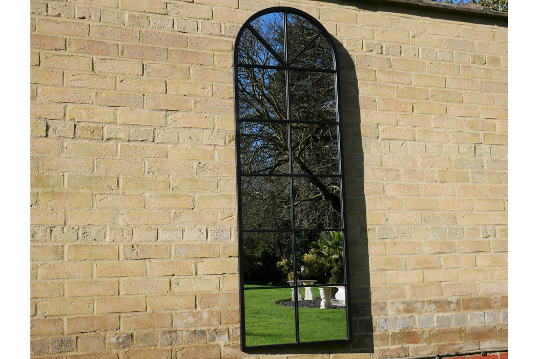 Indoor / Outdoor Curved Black Metal Window Garden Mirror  165 x 55 cm  