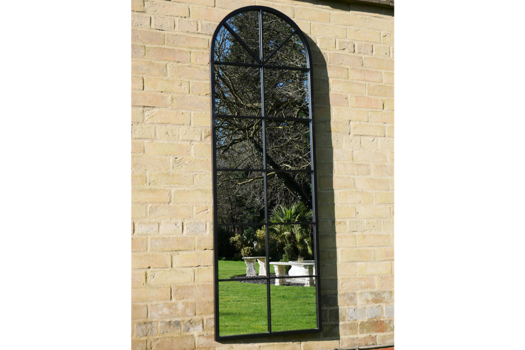 Indoor / Outdoor Curved Black Metal Window Garden Mirror  165 x 55 cm  