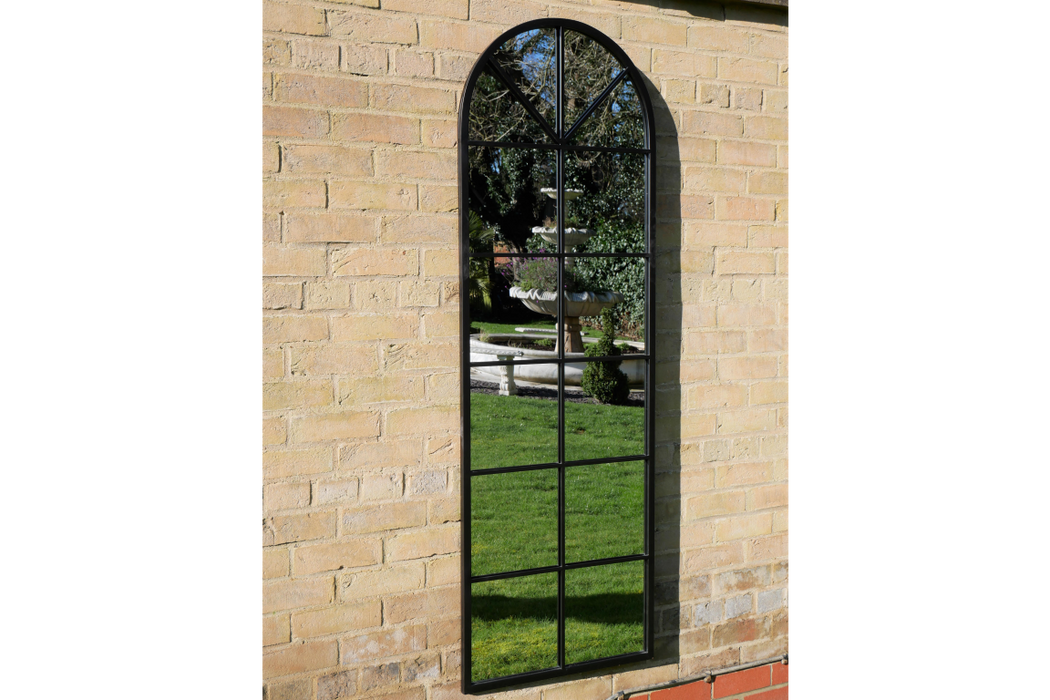 Indoor / Outdoor Curved Black Metal Window Garden Mirror  165 x 55 cm  