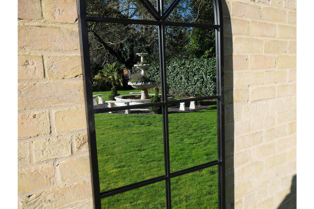 Indoor / Outdoor Curved Black Metal Window Garden Mirror  165 x 55 cm  