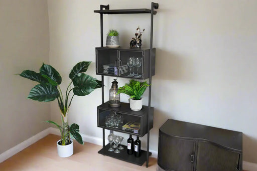 Shelving Unit, Glass Cabinets, Bronze Metal Frame, Wall To Floor