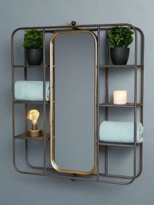 Industrial Iron & Gold Metal Wall Mirror – Integrated Shelving - 