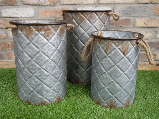 Outdoor Garden Planters, Silver Metal, Round, Set Of 3 Buckets