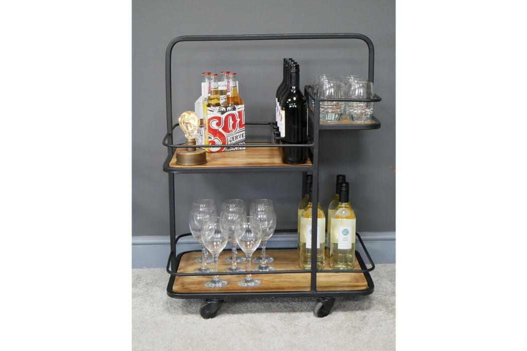 Talbot Drinks Trolley, Natural Wood, Black Metal