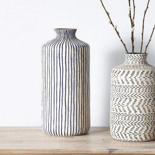 Flower Bud Vase, Stripe Stoneware, Blue, White