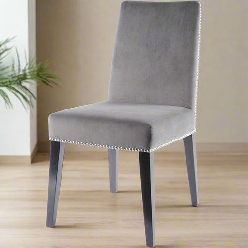 Helena Gray Velvet Dining Chair with Silver Stud Accents and Dark Brown Birch Wood Legs