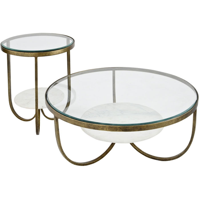 Léonie Coffee Table, White Marble Top, White Marble Shelf, Antique Gold Iron