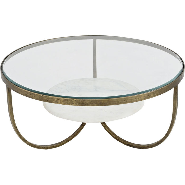 Léonie Coffee Table, White Marble Top, White Marble Shelf, Antique Gold Iron 