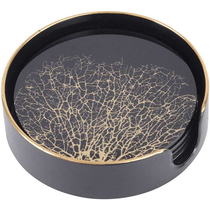 Coral Design Drinks Coasters, Black & Gold- Set Of 4