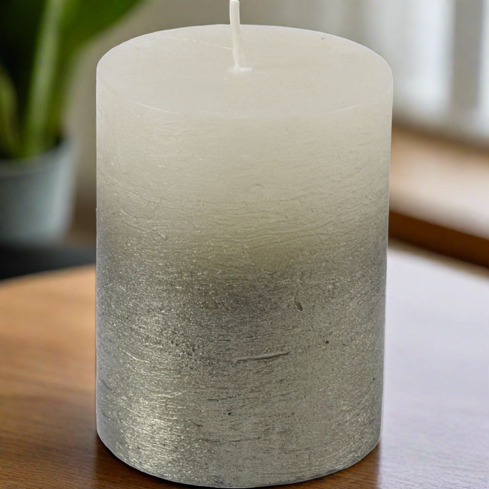 White Pillar Candle With Metallic Green Ombre 19 X 7 cms