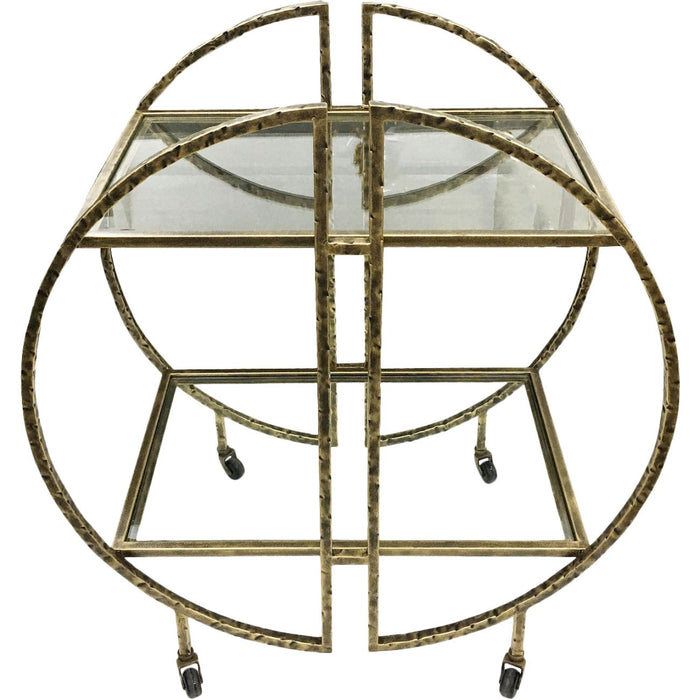 Tindra Drinks Trolley, Round Metal Frame, Gold, Glass Shelves, Lockable Wheel