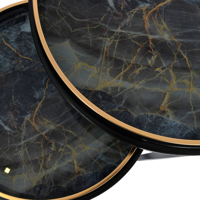 Frida Side Tray Tables, Black Metal Frame, Round Marble Top, Set of 2