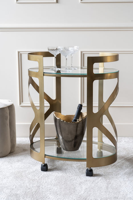 Ingeborg Drinks Trolley, Glass Shelves, Round, Gold Metal, Bronze Finish