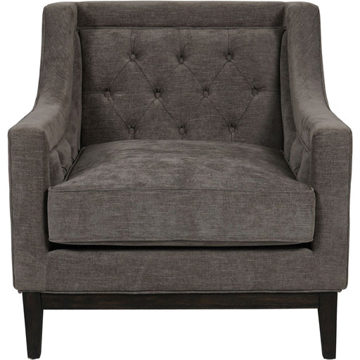 Elegant Grey Fabric Armchair – ButtonTufted Backrest & Wooden Frame  