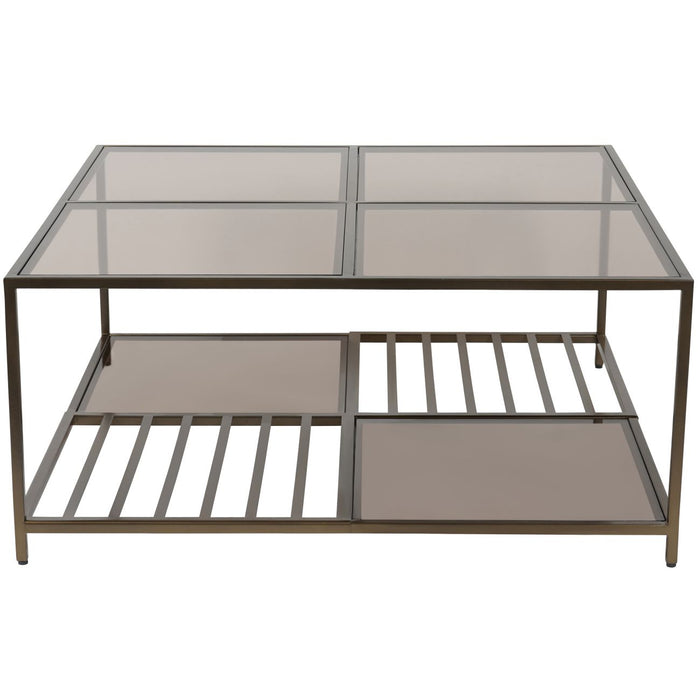 Geneviève Coffee Table, Dark Gold Iron Frame, Tinted Glass Top