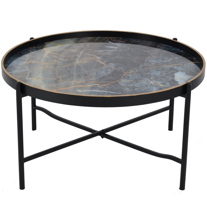 Contemporary Round Coffee Table with Black and Blue Marble Effect Top