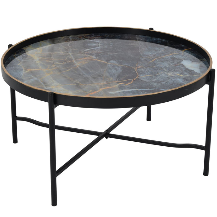 Contemporary Round Coffee Table with Black and Blue Marble Effect Top