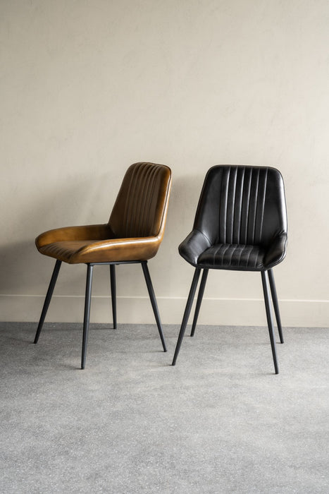 Pembroke Ribbed Tan Leather Dining Chairs, Black Metal Legs - S/2