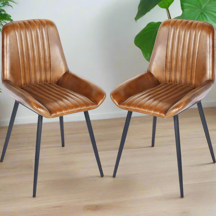 Pembroke Ribbed Tan Leather Dining Chairs, Black Metal Legs - S/2