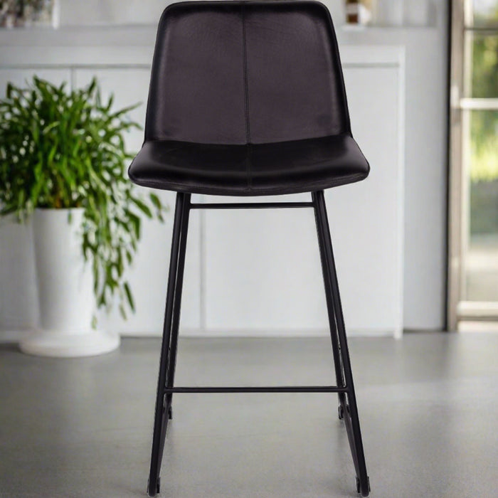 Robinson Bar Chair, Dark Grey Leather, Black Metal S/2