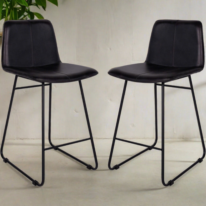 Robinson Bar Chair, Dark Grey Leather, Black Metal S/2