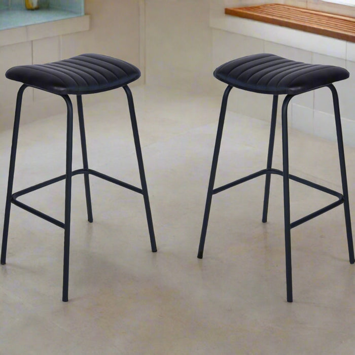 Arthur Bar Stools, Black Leather, Black Metal  S/2