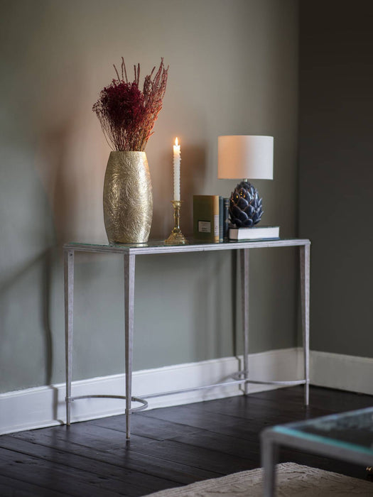 Laura Ashley Console Table, Distressed White Metal Frame, Etched Glass