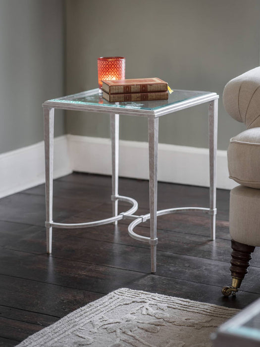 Laura Ashley Side Table, Square Etched Glass, Distressed White Iron Frame