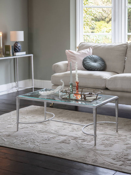 Laura Ashley Coffee Table, Distressed White Iron Frame with Etched Glass