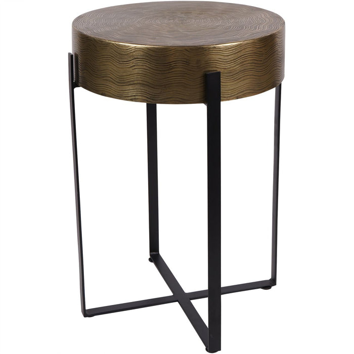 Vendela Side Table, Etched Brass Finish, Round Top, Black Metal Legs 