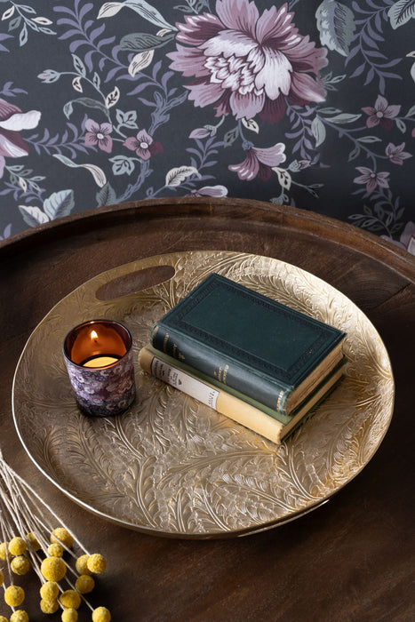 Laura Ashley Round Platter, Winspear Metal Gold, Leaf Embossed