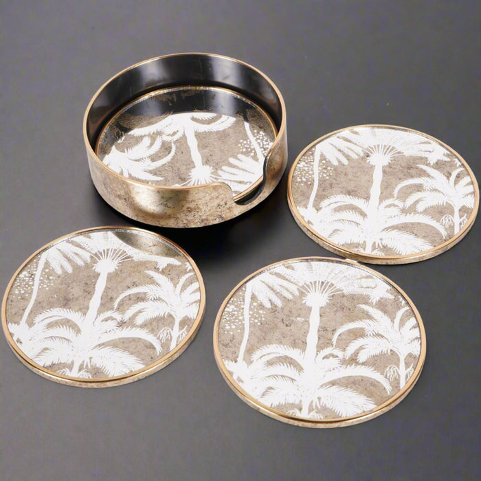 Palm Tree Mirror Print Drinks Coasters, Antique Gold Finish - Set of 4