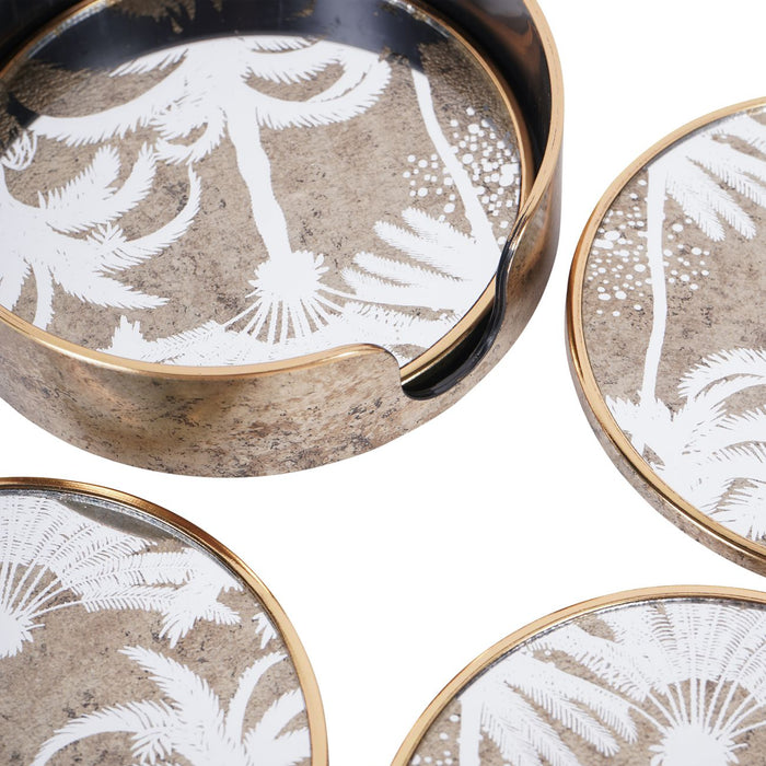 Palm Tree Mirror Print Drinks Coasters, Antique Gold Finish - Set of 4