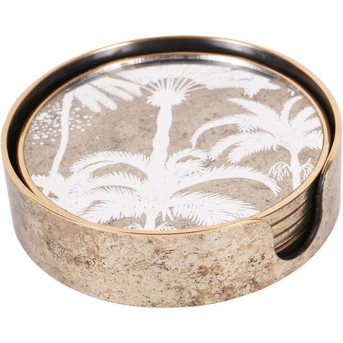 Palm Tree Mirror Print Drinks Coasters, Antique Gold Finish - Set of 4