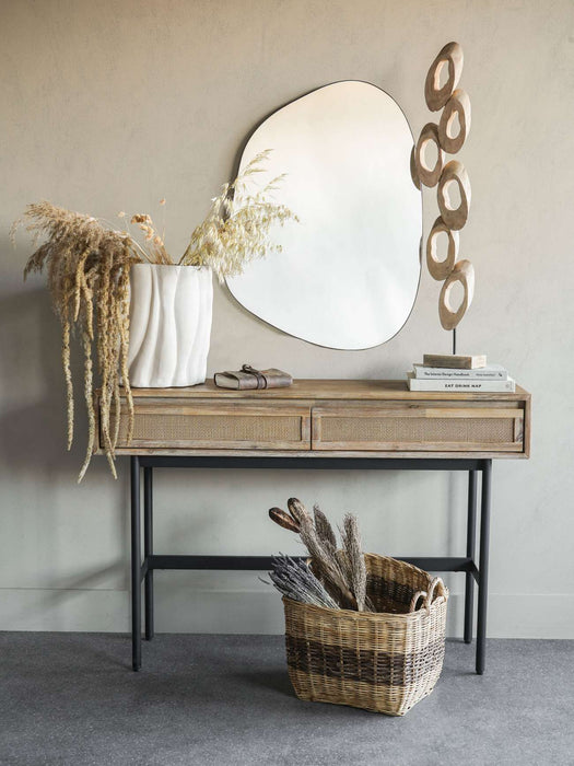 Rustic Natural Wood Console Table – Rattan Front Drawers with Metal Frame -  Decor interiors