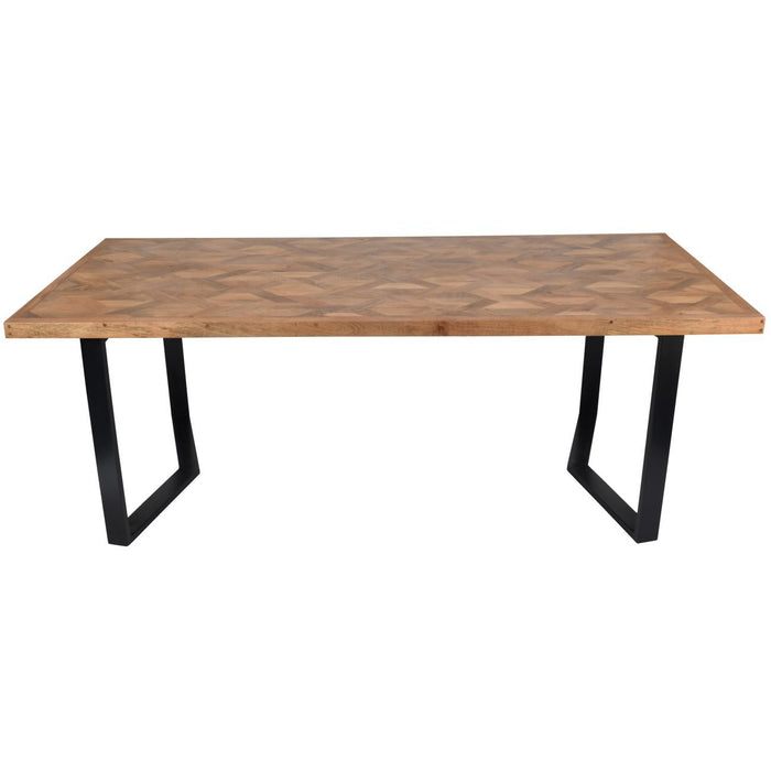 Severn Dining Table, Natural Herringbone Acadia Wood, Black Metal Legs